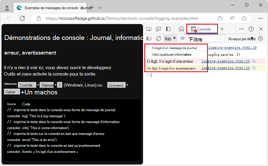 La console affiche les messages provenant de différentes API de journal