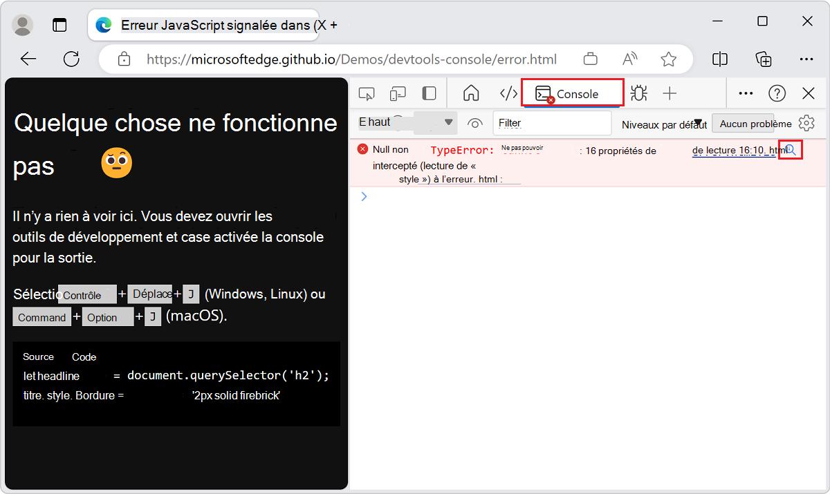 Bouton « Rechercher ce message sur le web » sur un message d’erreur dans la console