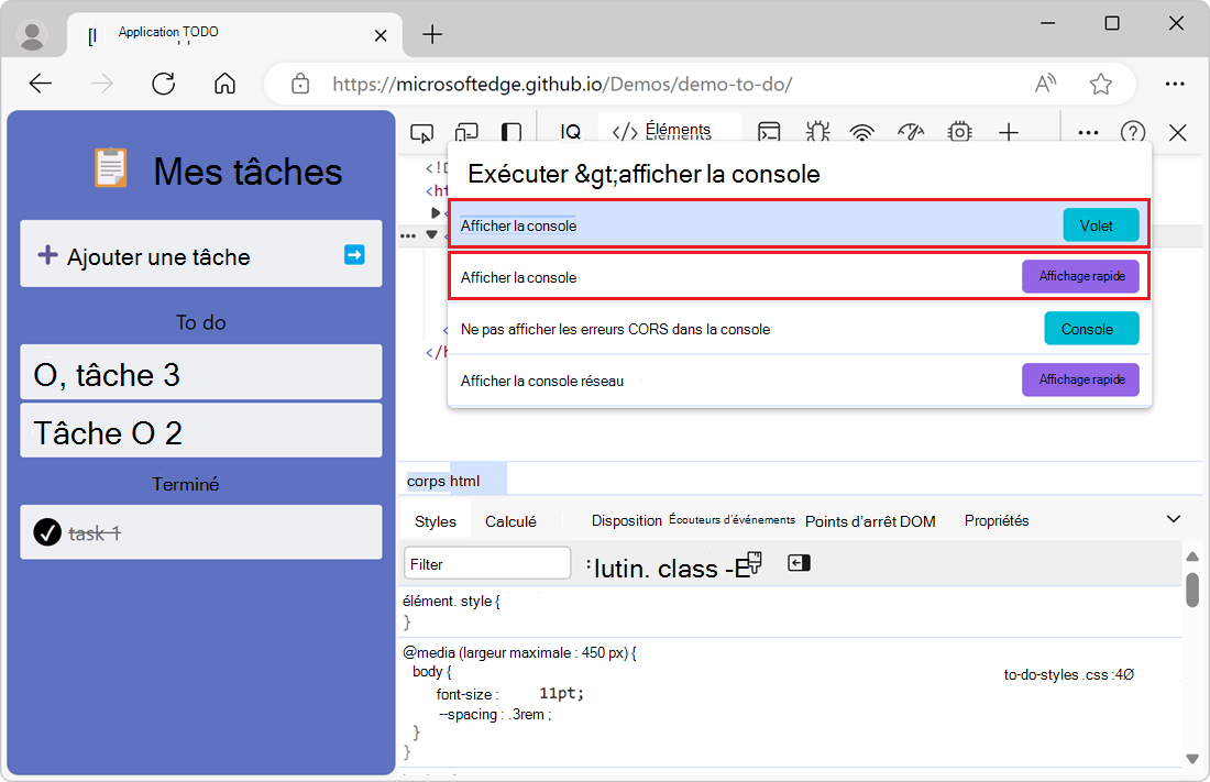Exécutez la commande pour afficher l’outil Console