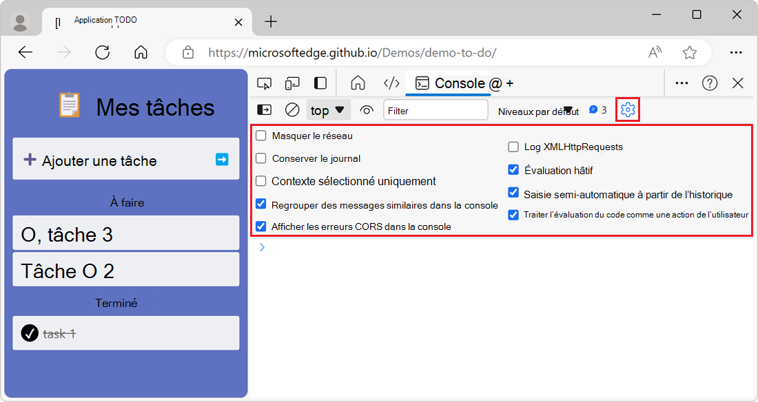 Paramètres de la console