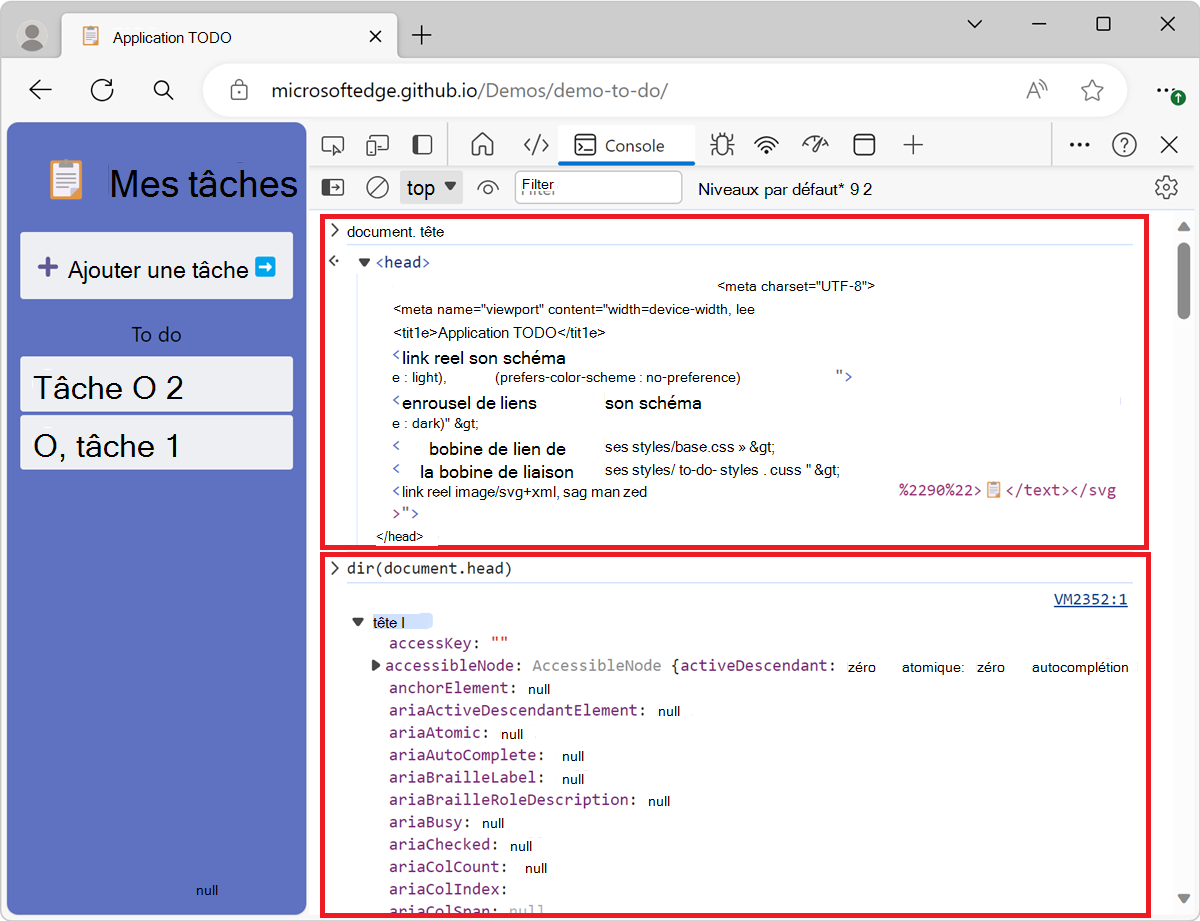 Journalisation de 'document.head' avec la fonction 'dir()'