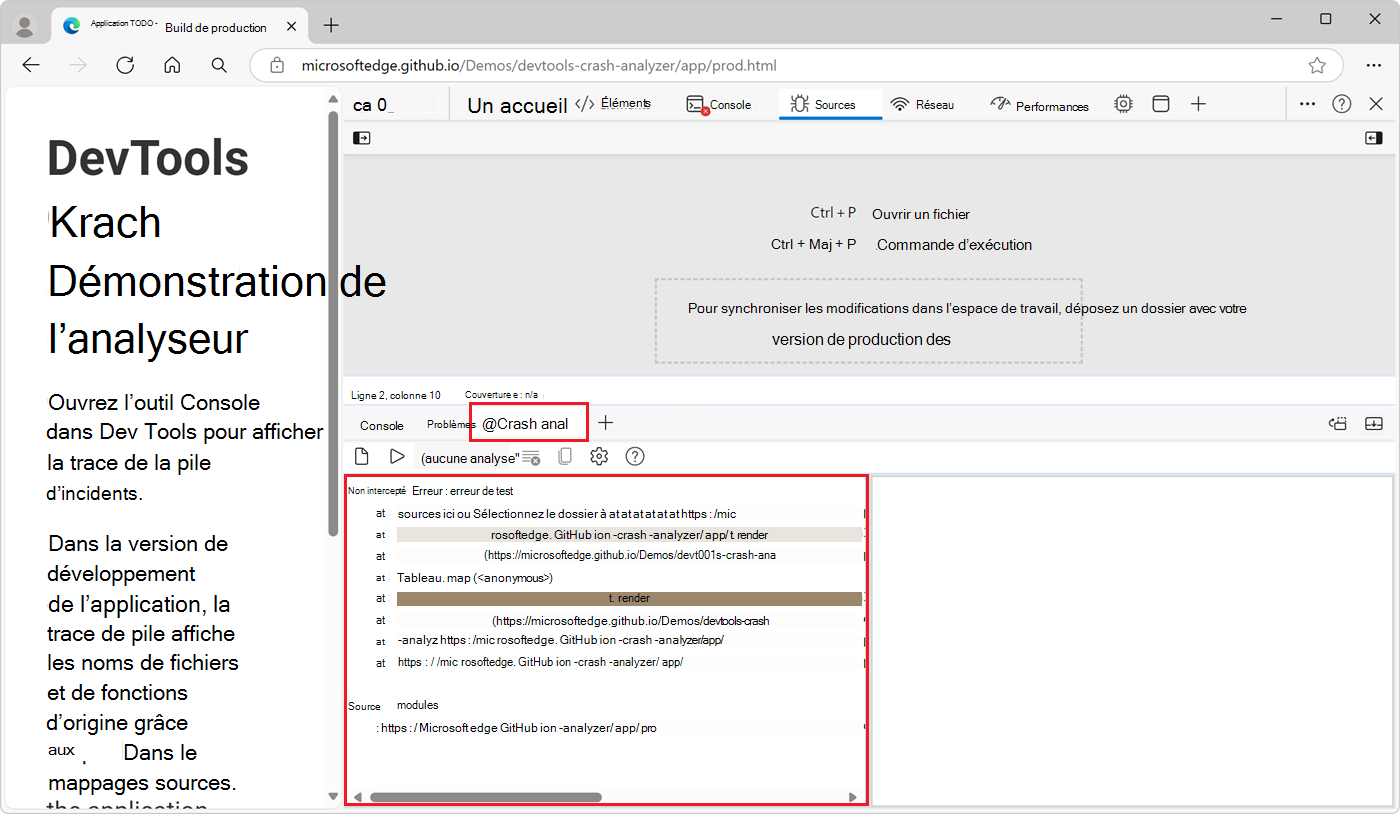 Outil Analyseur d’incident, avec la pile des appels améliorée collée dans le volet gauche
