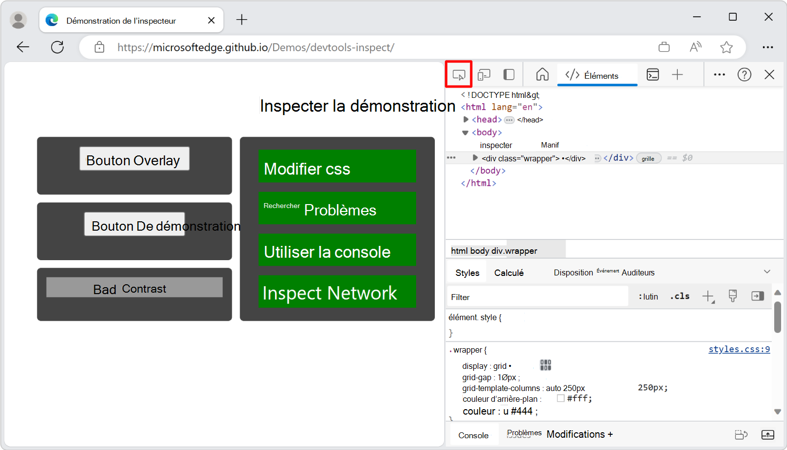 Bouton Inspecter l’outil en haut à gauche de DevTools