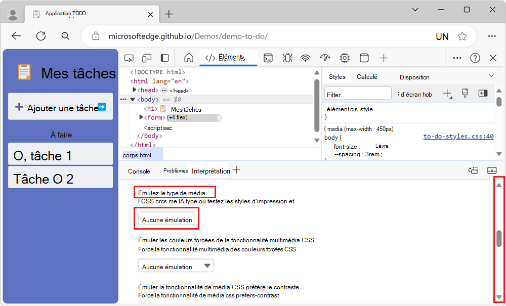 Section Émuler le type de média CSS de l’outil Rendu