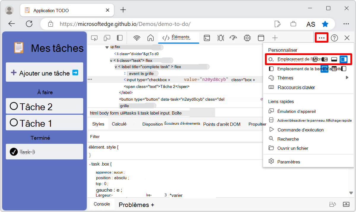 Le menu Emplacement du dock, avec quatre icônes, représentant les quatre emplacements d’ancrage possibles