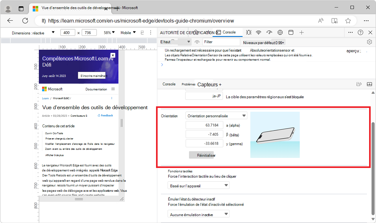 Options d’orientation sur l’outil Capteurs