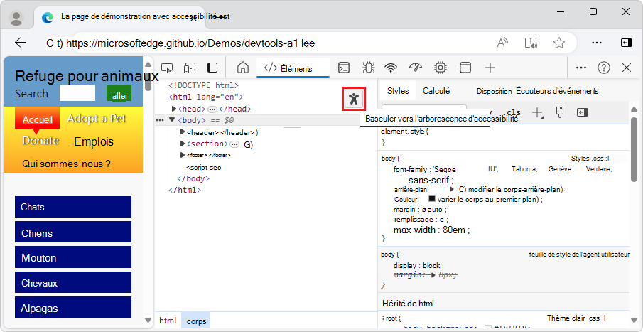 L’outil Éléments avec le bouton « Basculer vers l’arborescence d’accessibilité »