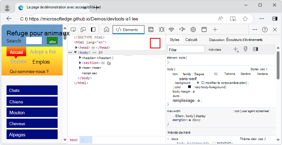 L’outil Éléments sans le bouton « Basculer vers l’arborescence d’accessibilité »