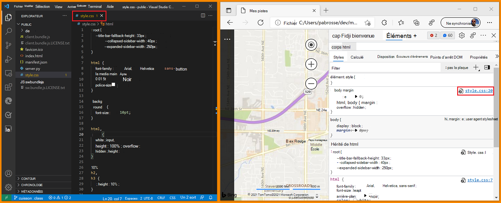 La sélection d’un lien de fichier dans l’outil Styles ouvre le fichier dans Visual Studio Code