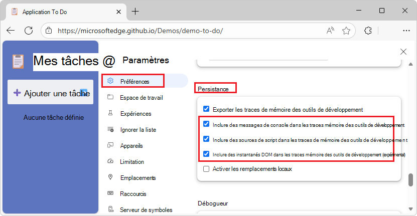 Panneau Paramètres dans DevTools, montrant les options de trace