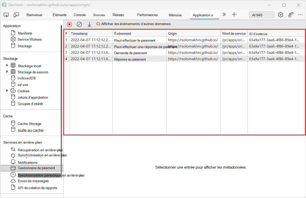 Journal des événements dans le volet Gestionnaire de paiement