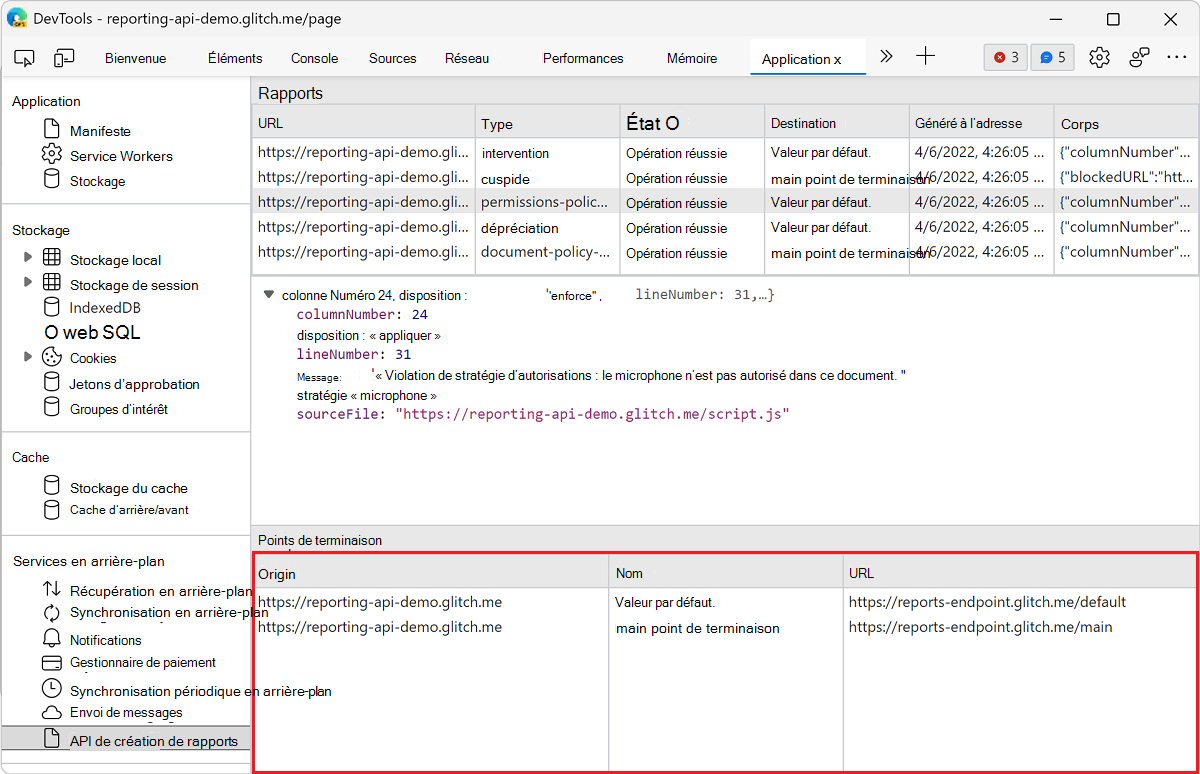 Afficher la liste des points de terminaison de création de rapports dans le volet API de création de rapports