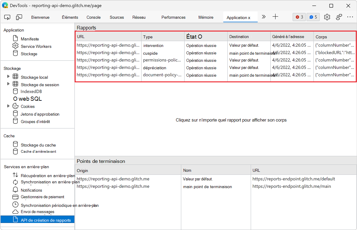 Liste des rapports dans le volet API de création de rapports