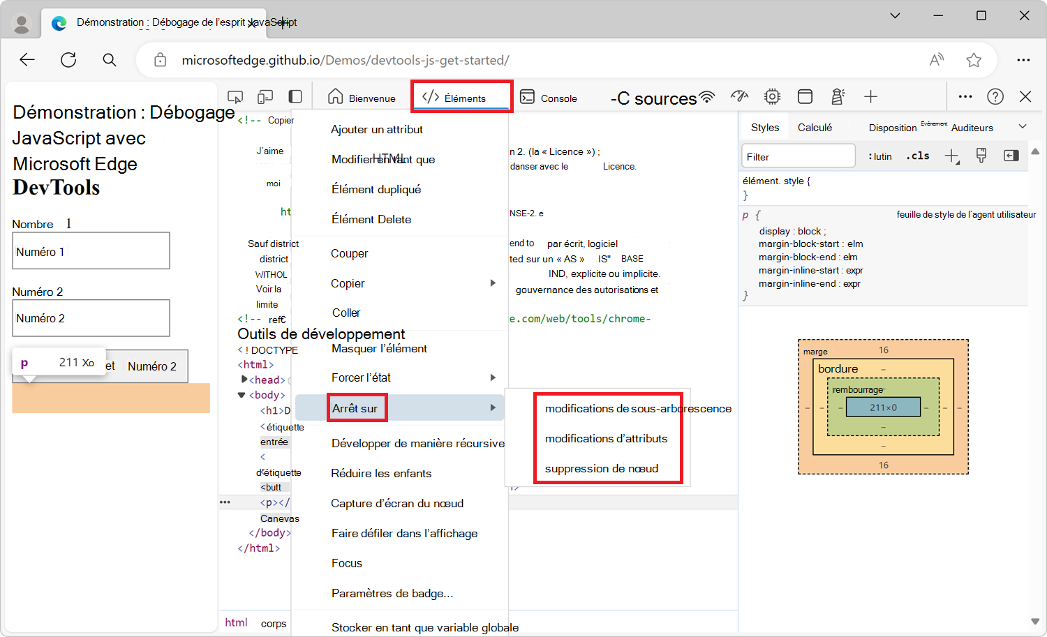 Menu contextuel pour la création d’un point d’arrêt de modification DOM