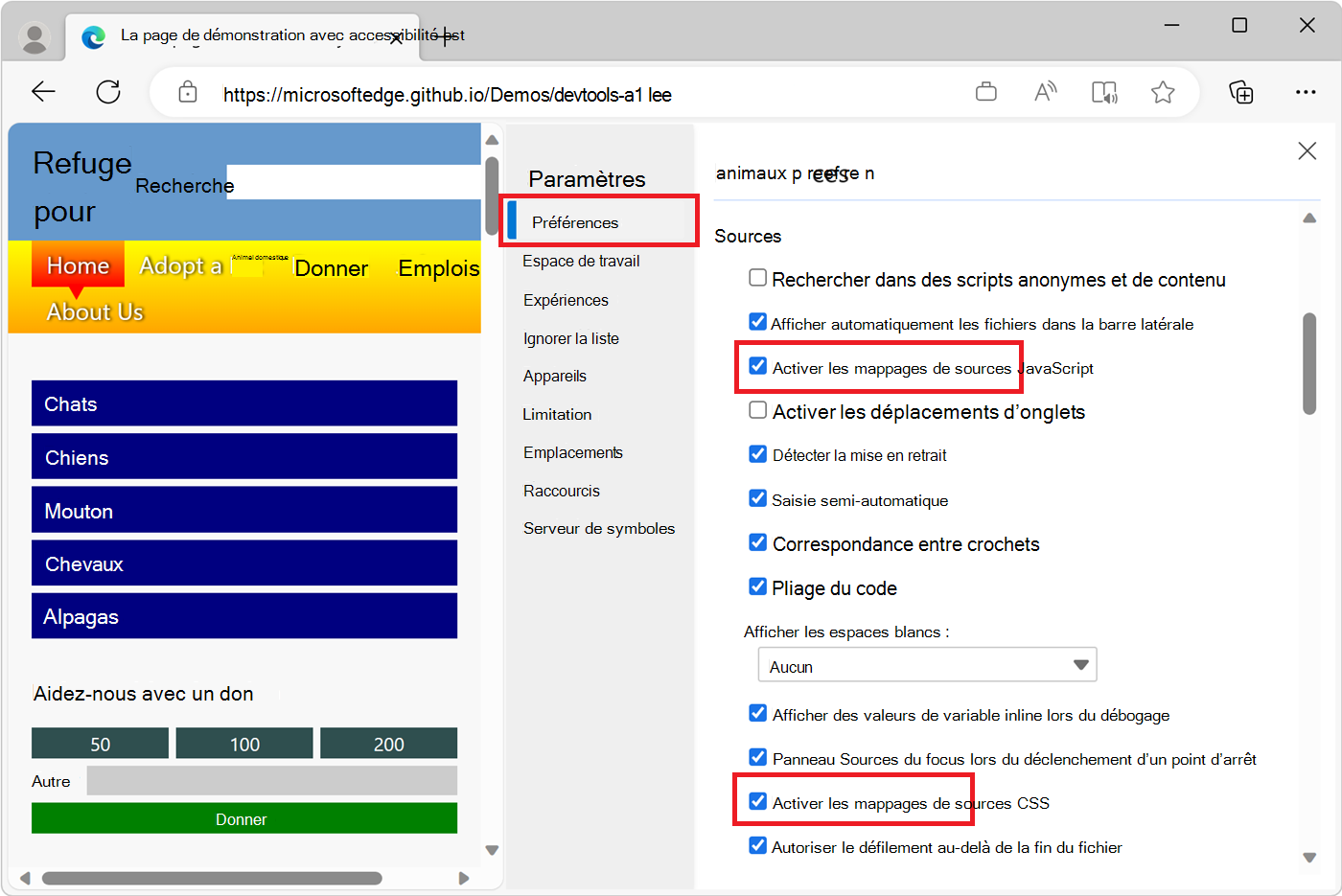 Écran de configuration préférences dans les paramètres DevTools