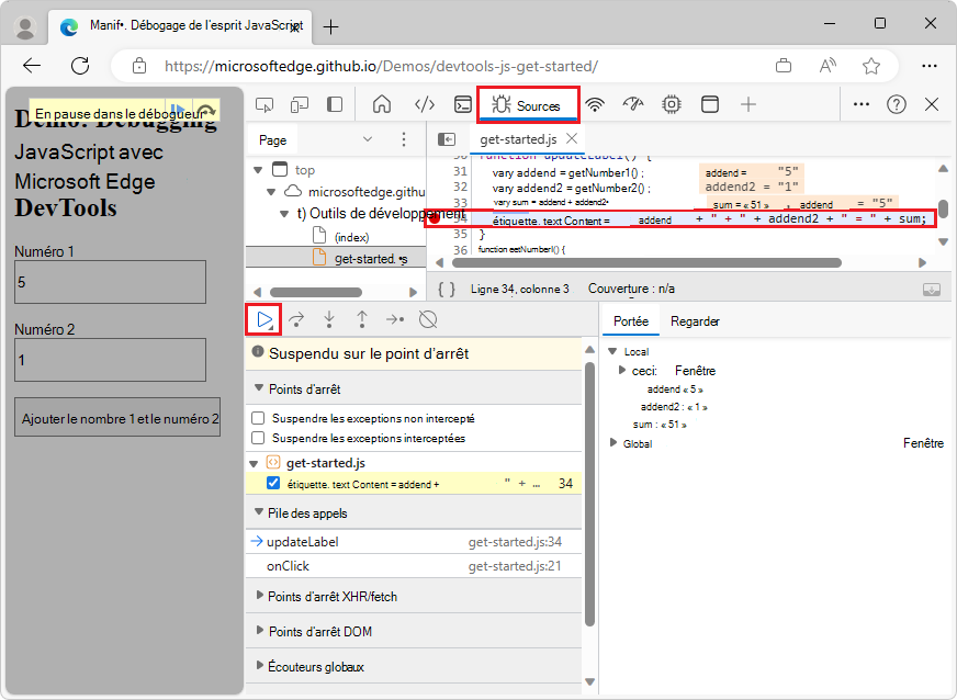 DevTools s’interrompt sur le point d’arrêt de ligne de code à la ligne 34