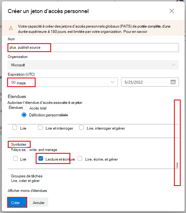 Boîte de dialogue « Créer un jeton d’accès personnel », avec l’étendue « Lecture & écriture » sélectionnée pour les symboles