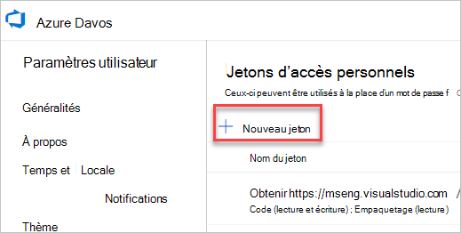 Page « Jetons d’accès personnels » dans Azure DevOps