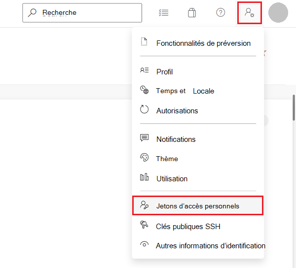Le menu « Paramètres utilisateur » dans Azure DevOps, avec la commande « Jetons d’accès personnels »