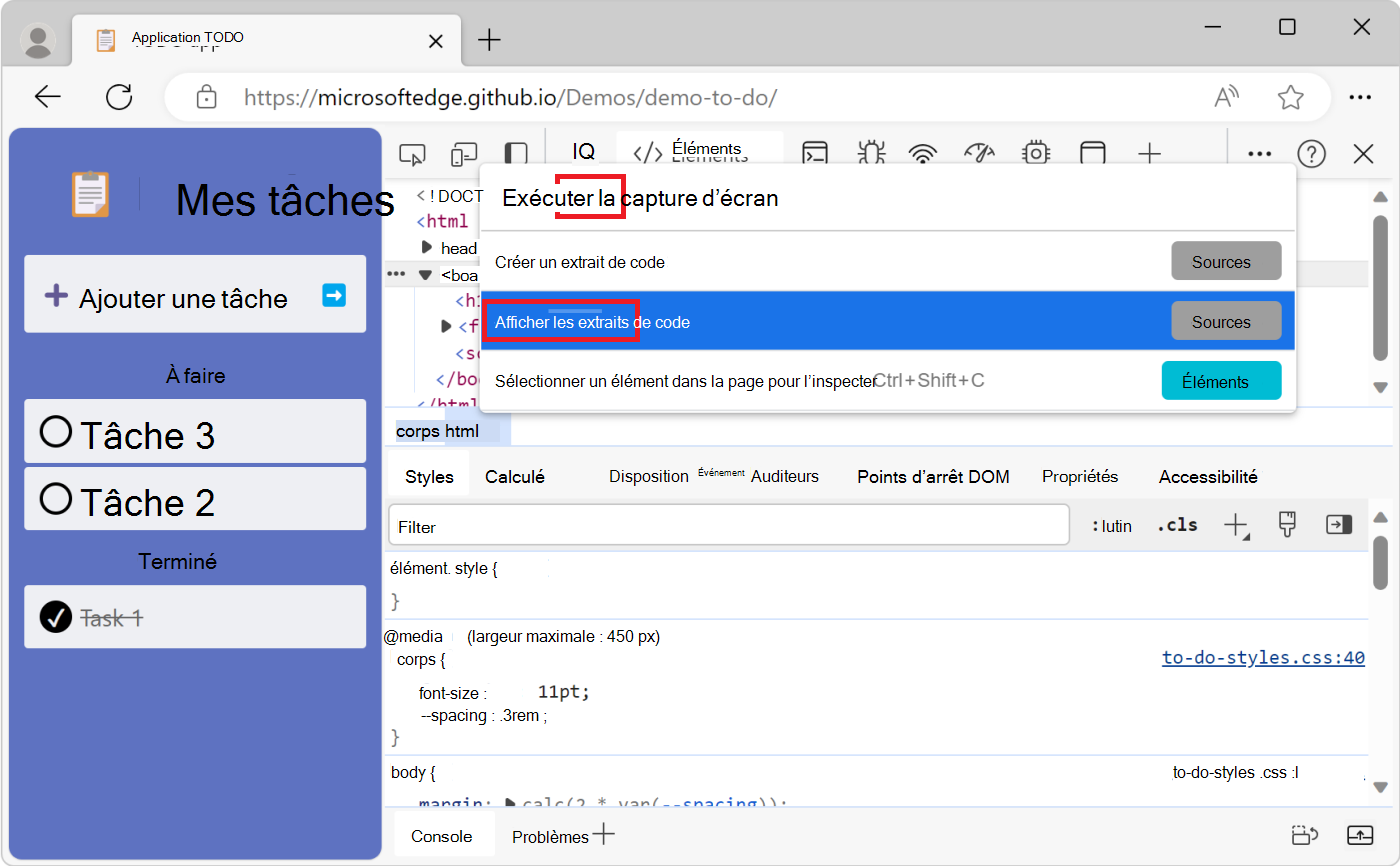 Commande Afficher les extraits de code