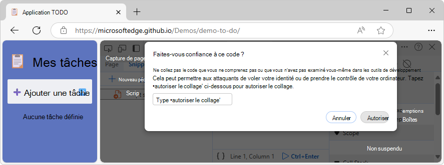 Éditeur d’onglet Extraits de code de l’outil Sources affichant l’avertissement XSS auto-