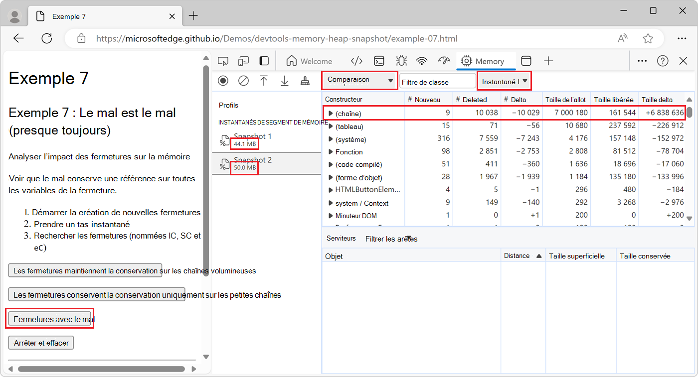 La vue Comparaison, montrant que de nouvelles chaînes ont été créées dans la deuxième instantané
