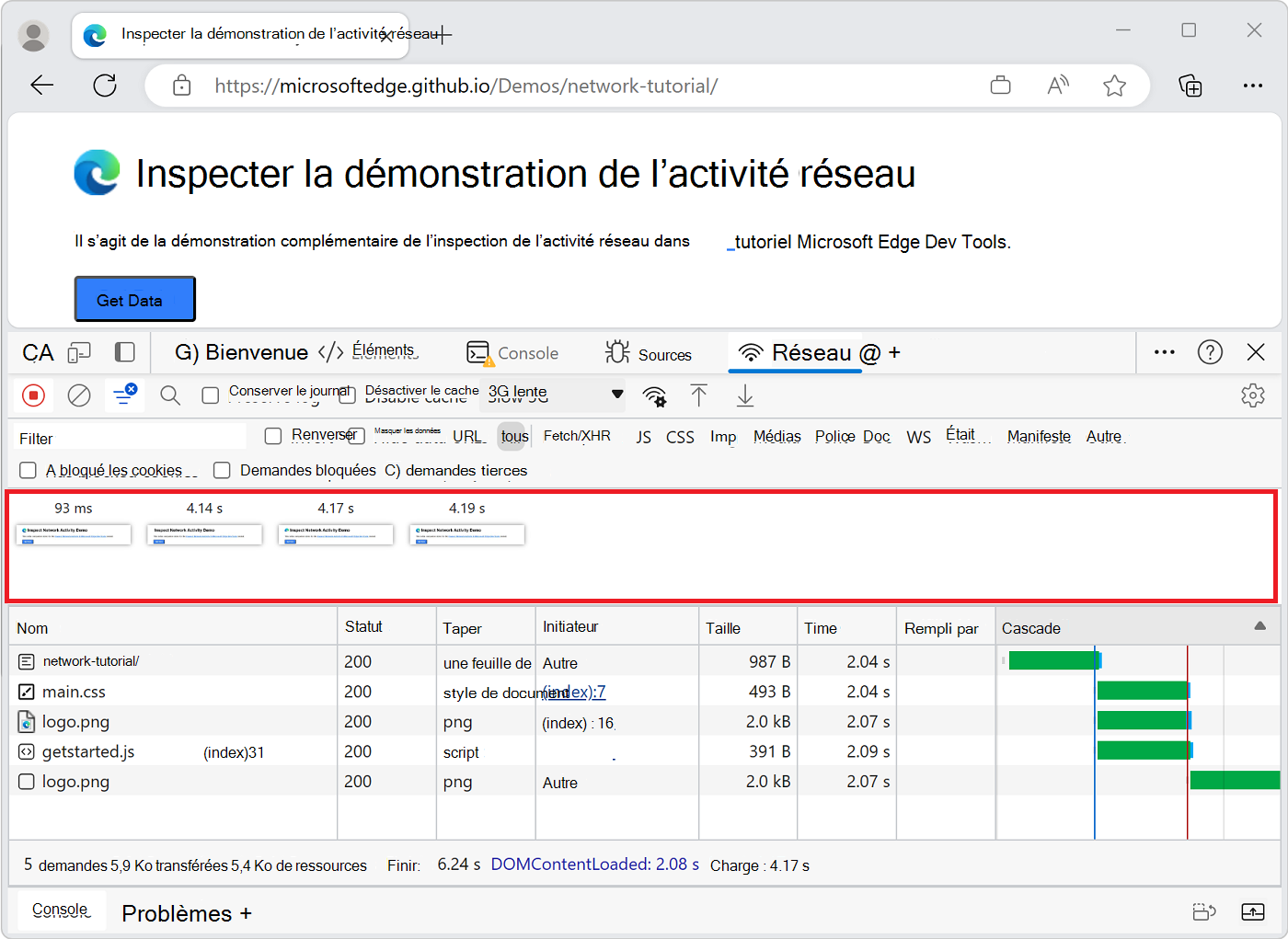 Captures d’écran du chargement de la page