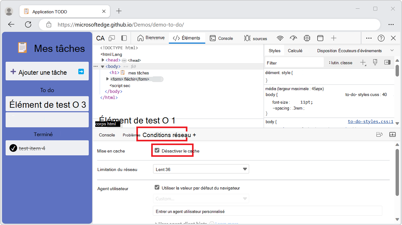 L’outil Conditions réseau dans le panneau Affichage rapide, avec la case à cocher « Désactiver le cache » sélectionnée