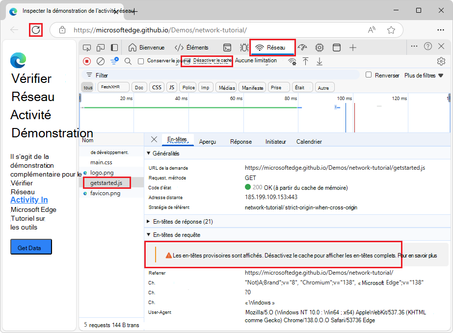 Message d’avertissement des en-têtes provisoires