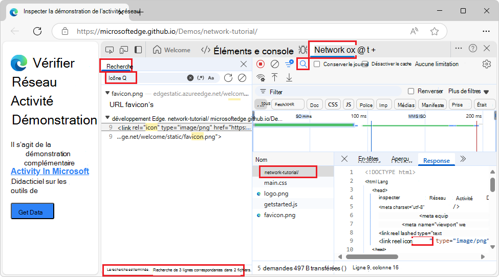 L’onglet Recherche à droite dans l’outil Réseau