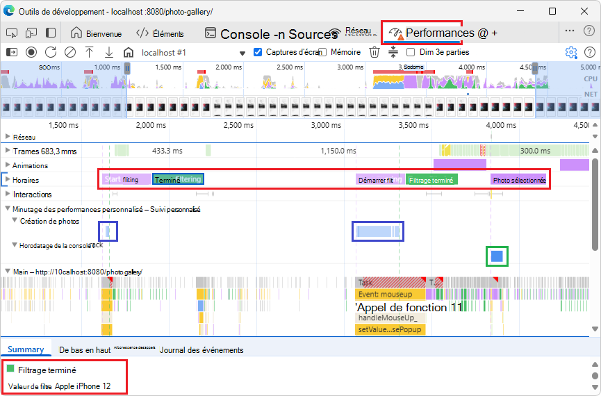 Exemple de pistes personnalisées dans l’outil Performance