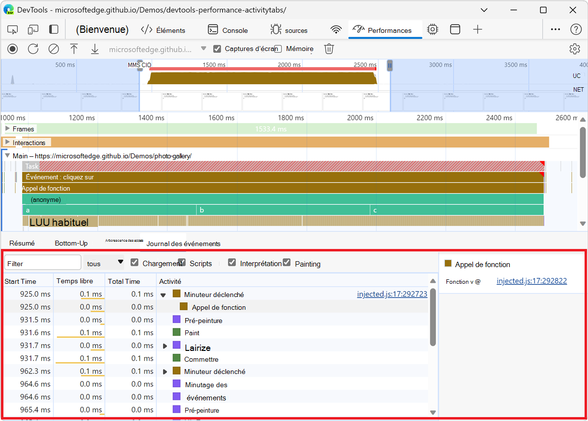 Onglet Journal des événements