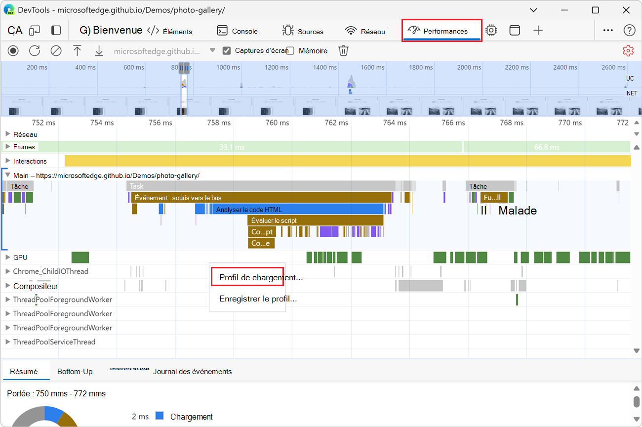 L’élément de menu « Charger le profil »