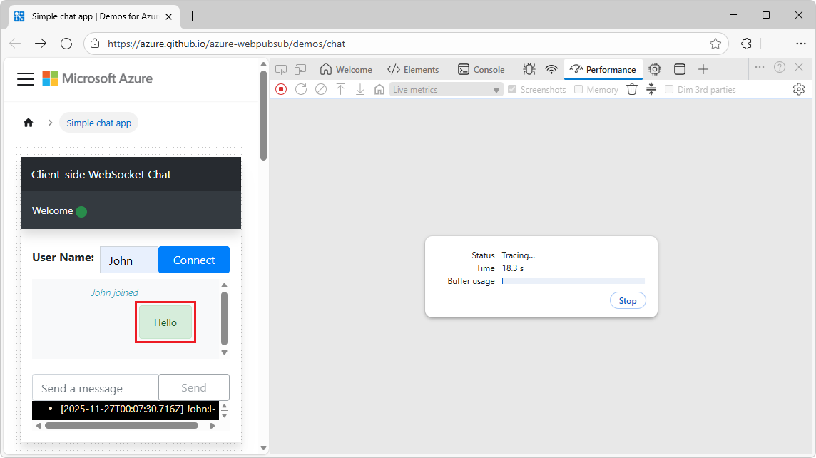Messages WebSocket dans l’outil Performance