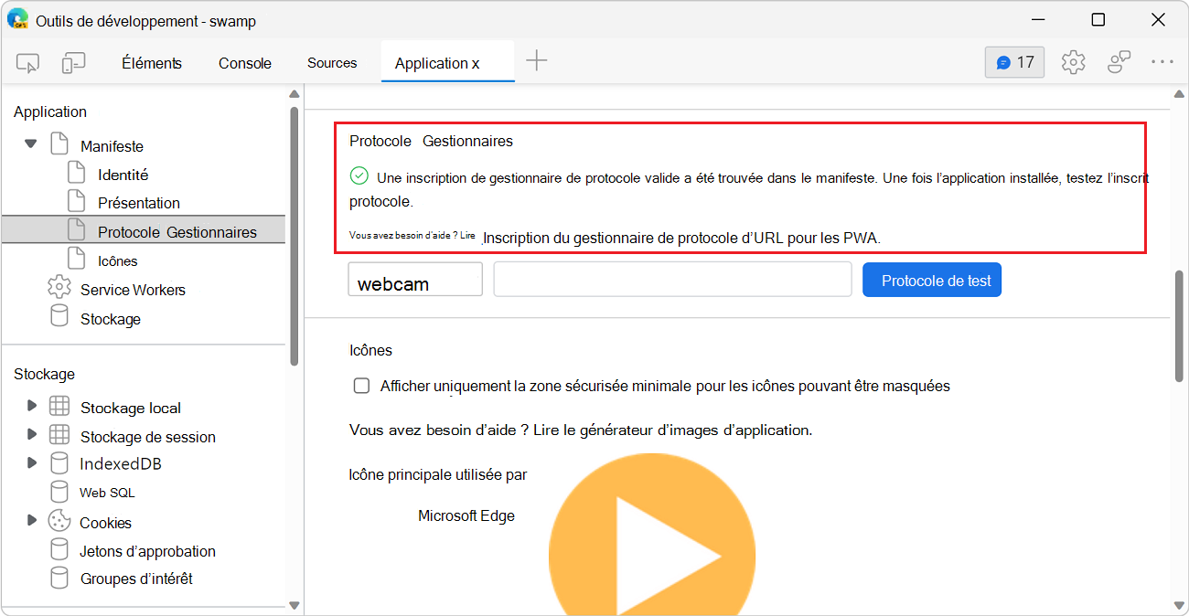 La section Gestionnaires de protocole du volet Manifeste avec les protocoles définis