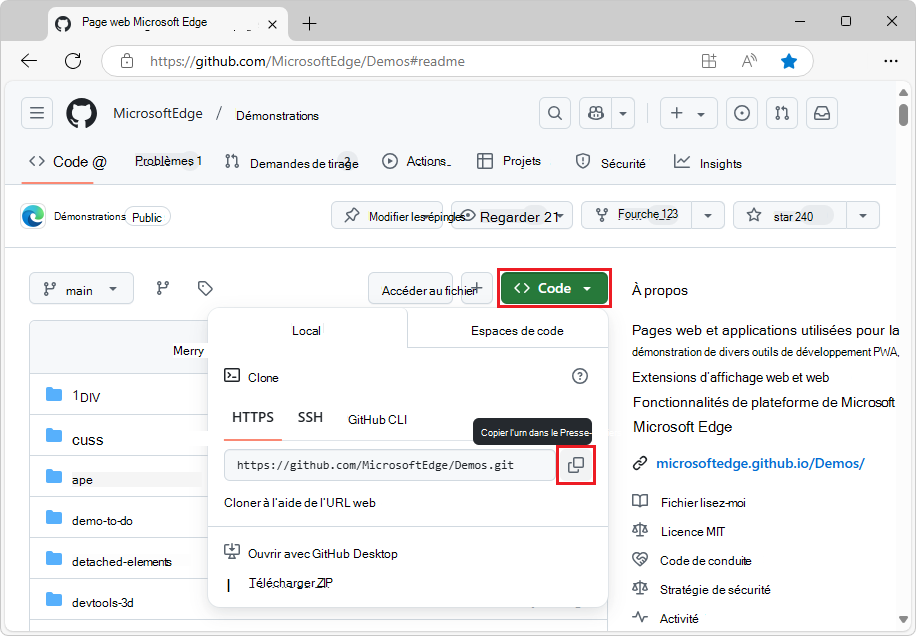 Bouton Code du dépôt Demos pour obtenir l’URL web