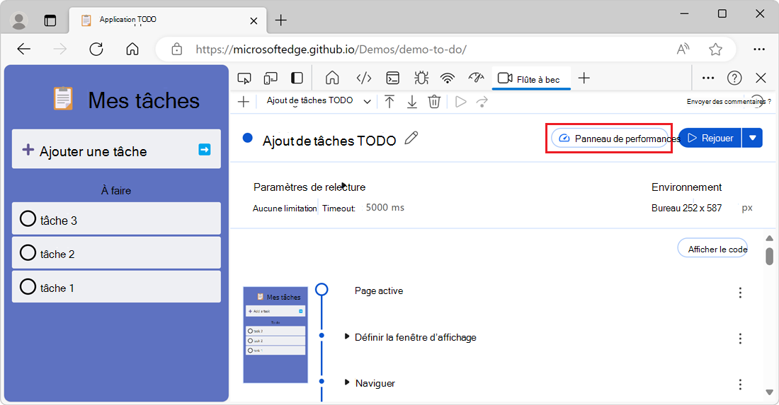 Bouton du panneau Performances