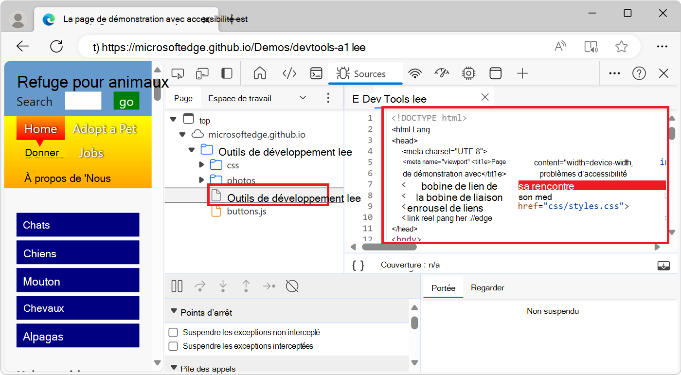 Affichage d’un fichier de ressources dans l’éditeur de l’outil Sources