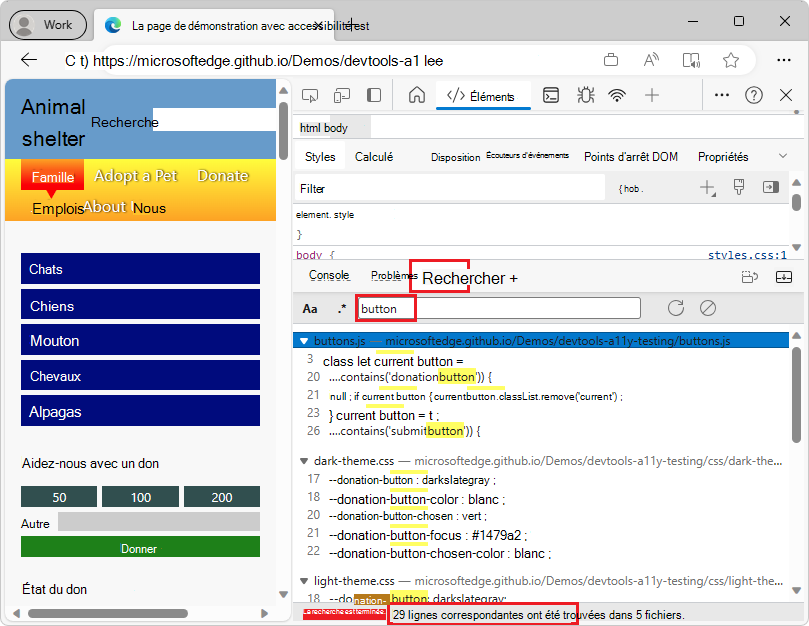 Résultats de la recherche affichés dans l’outil de recherche, avec le texte correspondant mis en surbrillance en jaune