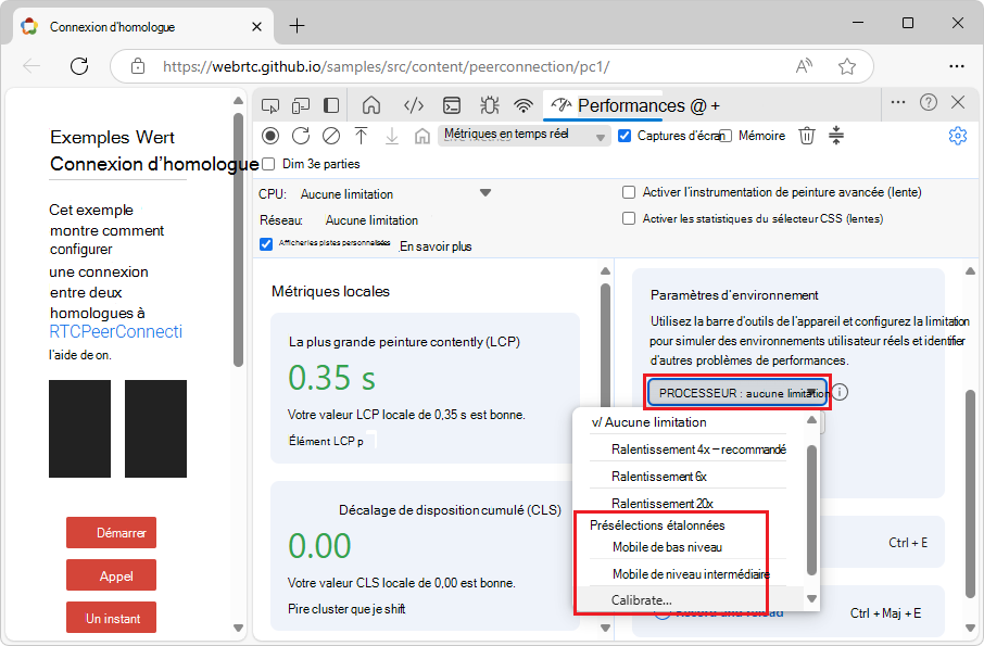 Menu déroulant de limitation du processeur avant l’étalonnage, dans Paramètres d’environnement