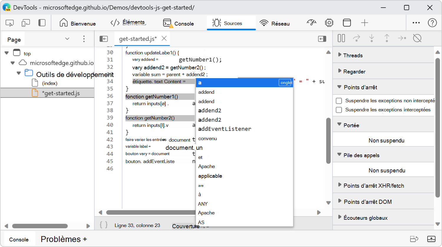 Modification de JavaScript dans le volet Éditeur