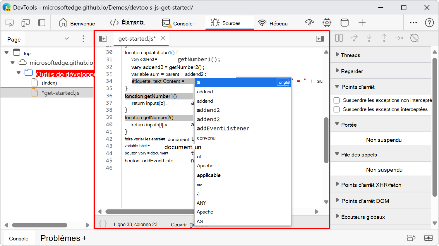 Volet Éditeur dans l’outil Sources