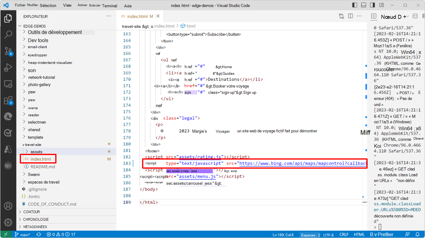 Visual Studio Code, montrant le code index.html et la balise de script de carte Bing