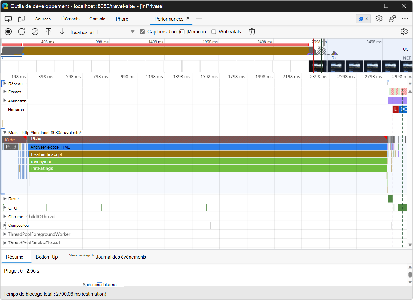 Trace de l’outil Performance du chargement de la page