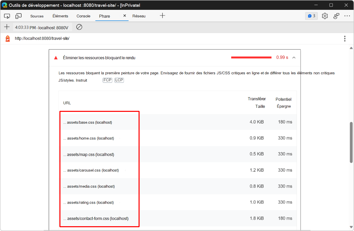 Plus d’informations sur l’opportunité Éliminer les ressources bloquant le rendu