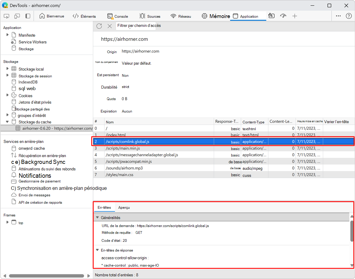 Affichage des en-têtes HTTP d’une ressource