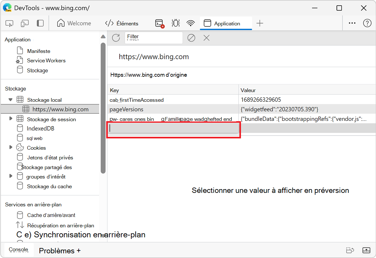 Partie vide de la table à double-cliquer afin de créer une nouvelle paire clé-valeur