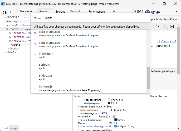 Menu commande montrant les noms de fichiers en gras avec une icône indiquant le type de fichier