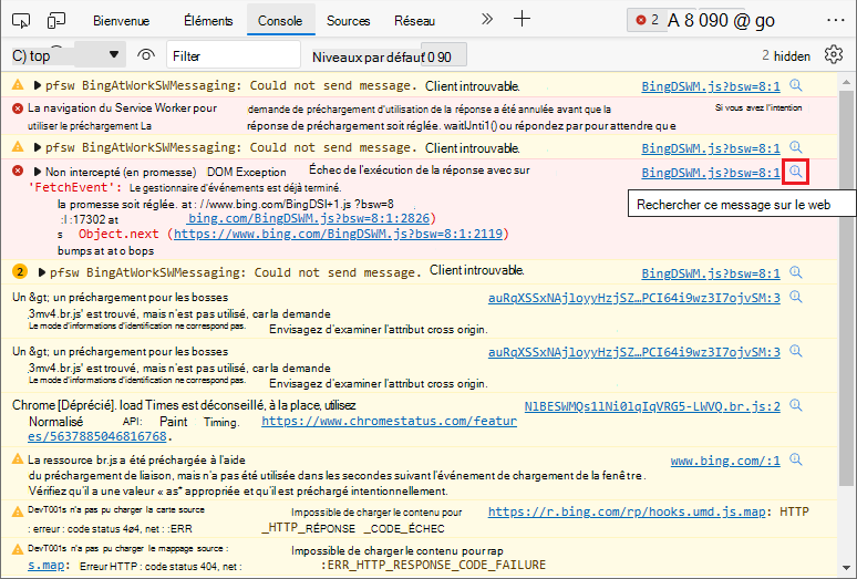 Tous les messages d’erreur et d’avertissement dans la console comportent désormais une icône Rechercher sur le web