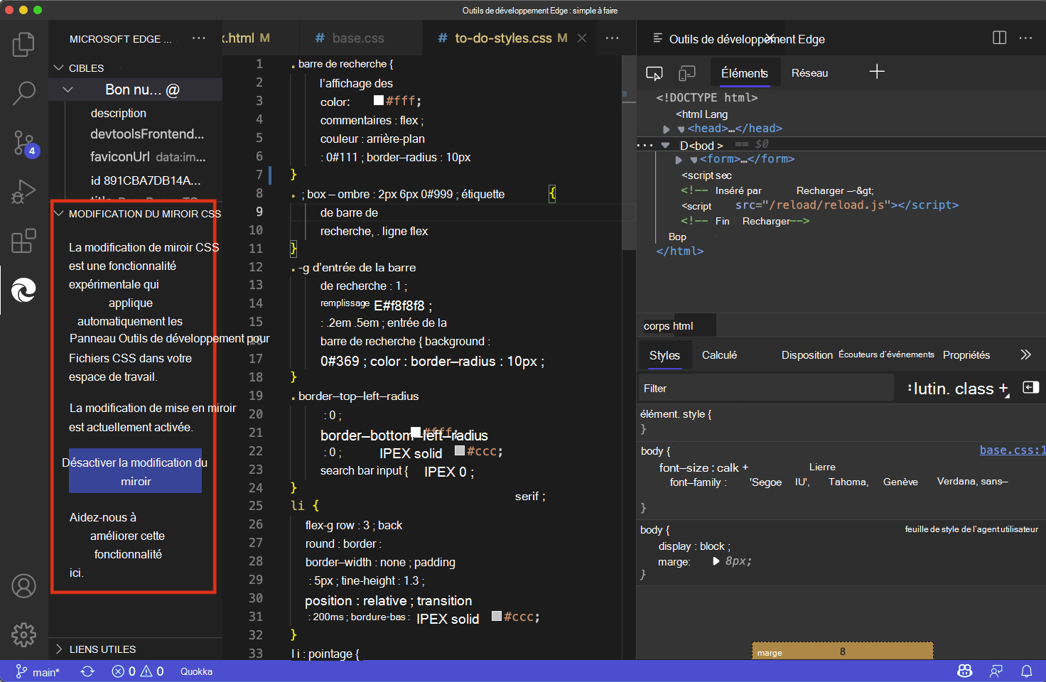 Les modifications apportées à l’éditeur de styles CSS s’affichent désormais dans vos fichiers CSS dans Visual Studio Code